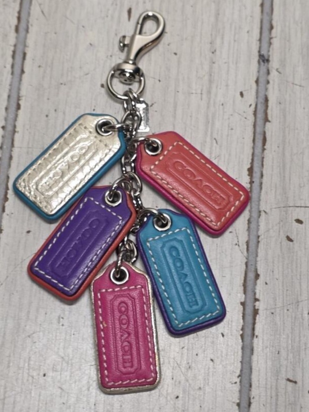 Coach Leather Hang Tag Charm Keychain Bright Multicolor RARE